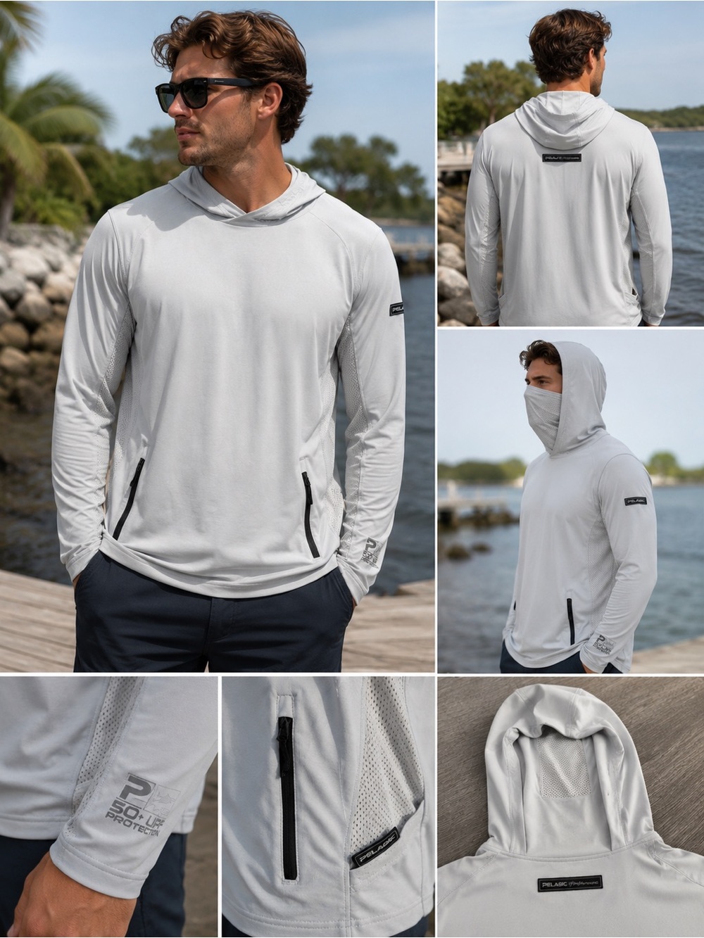 XL - Pelagic - Light Gray UPF Sun Hoodie with Face Cover